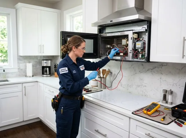 Appliance Repair Hero technician testing an over-the-range microwave in a Alexandria, VA kitchen